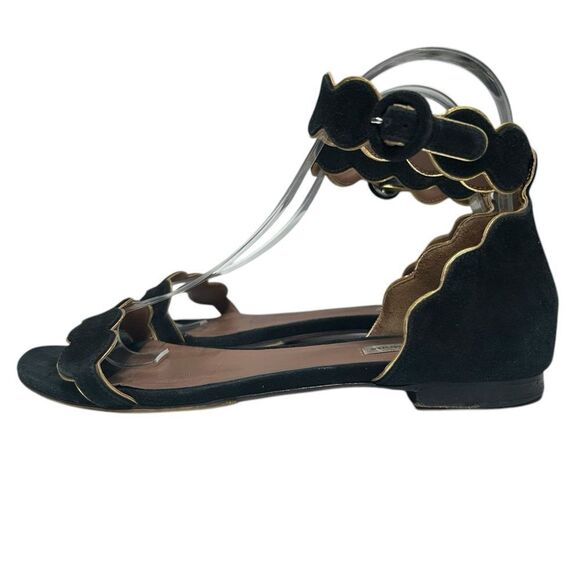 Tabitha Simmons Black Suede Scallop Strap Sandals Leather Gold Trim Size 36 - Picture 5 of 11